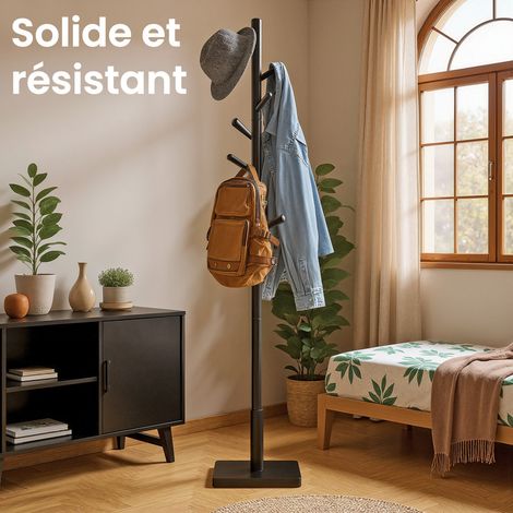 Portemanteau sur Pied en Bois avec 8 Crochets, 3 Hauteurs Réglables, pour Manteaux, Chapeaux, Sacs, Entrée ou Couloir, Bois d’Hévéa, Noir d’Encre (1/5)