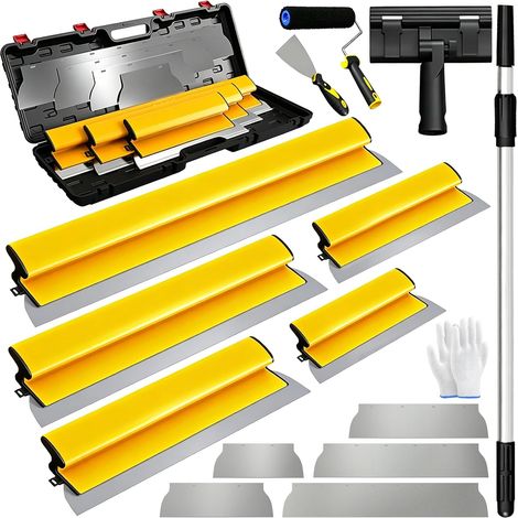 16 PCS Kit de Spatule Enduit Lissage, Lames à Enduire Inox 15/25/40/60/80 cm avec 5 Lames Remplaçables, Manche Télescopique, Rouleau Enduit, Couteau Enduire et Gants pour Mur (1/5)