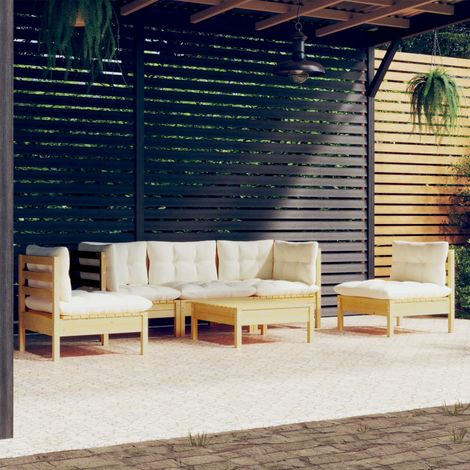Salon de jardin 6 pcs Ensemble Table et Chaise de Jardin - avec coussins crème Bois de pin massif BV232761 - BonneVie (1/5)