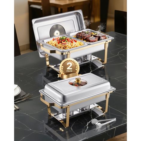 Chauffe-Plat Rectangulaire 2PCs 4 L, Buffet Chauffant avec 4 Bacs Demie Taille, Réchaud en Acier Inoxydable avec Couvercle en Verre, pour Buffet Libre-Service Hôtel Traiteur Restauration, Doré (1/5)