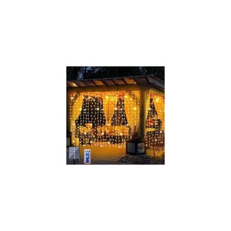 Guirnalda de luces solares, luces solares tipo cortina de luz blanca cálida mejoradas con control remoto, 300 luces LED para jardín exterior, 8 modos, resistentes al agua, guirnalda de luces solares t