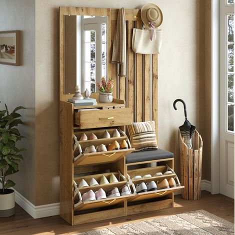 REDOM - Mobile da ingresso 99.5x26x180 cm, specchio, ganci, cassetto, panca imbottita, MDF, naturel (1/5)