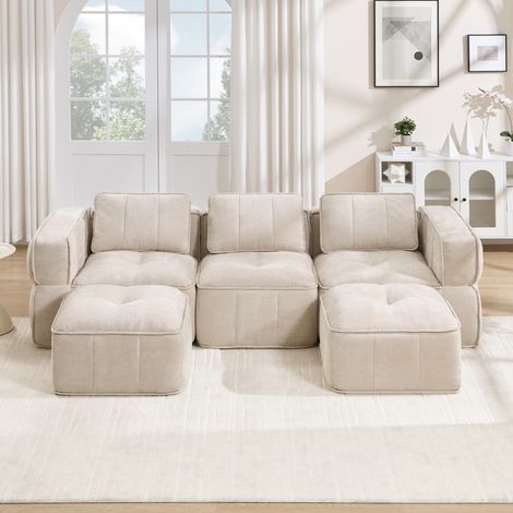 Divano modulare a U 3 posti con 2 pouf, senza montaggio, 271 x 162 x 67 cm, beige DESVIAE (1/5)