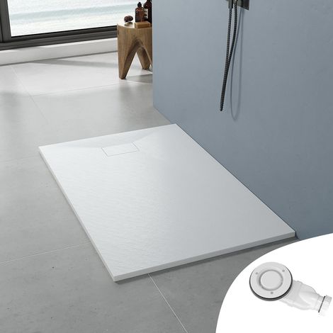 Duschwanne weiß Brausewanne mit Ablaufgarnitur Steinoptik Antirutsch, Sheet-Molding-Compound(SMC), 1. 140x90 cm, Ablaufloch ∅ 90 mm (1/5)
