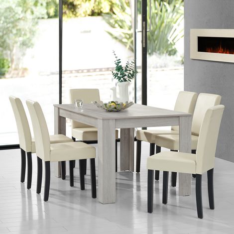 Mesa de comedor + 6 sillas Forssa MDF y polipiel 140x90x77cm - Roble blanco + Crema [en.casa] (1/5)