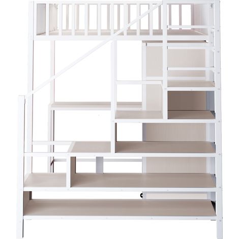 Letto a soppalco in metallo 140 x 200 cm bianco con scrivania, scaffali, armadio e cassetti (1/5)