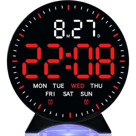 Digital alarm clock, small bedside alarm clock with night light, round table clock with two alarms, date and day of the week display, suitable for bedroom, office, and home use, black with red light.