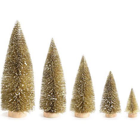 Decori ad alberi di Natale da tavolo colore oro innevati su base in legno, set da 2 pezzi, Da: Ø11cm x 30H a:Ø5 x 10H