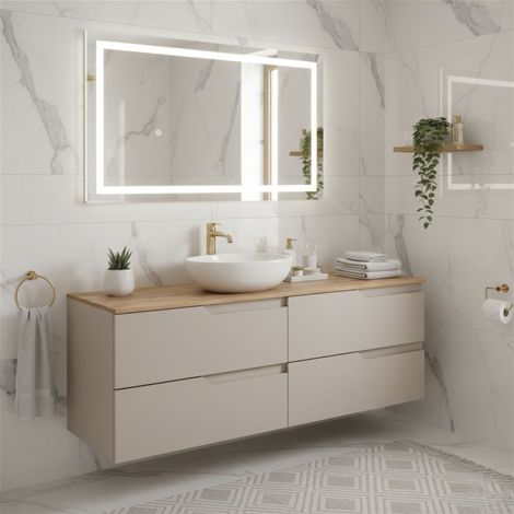 Meuble de salle de bain suspendu 160 cm, beige et brun, plan de toilette, 4 tiroirs, façades en MDF, sans vasque – MODERN