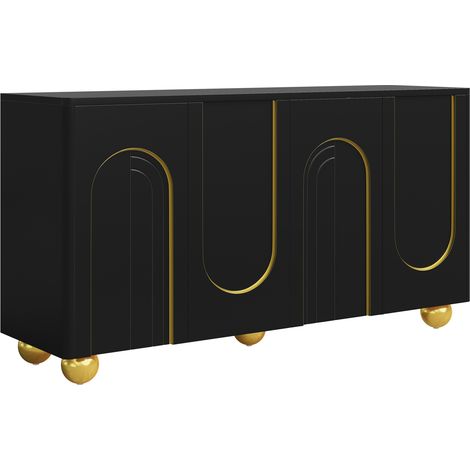 Credenza nera a 4 ante con linee dorate ad arco e gambe metalliche sferiche (1/5)