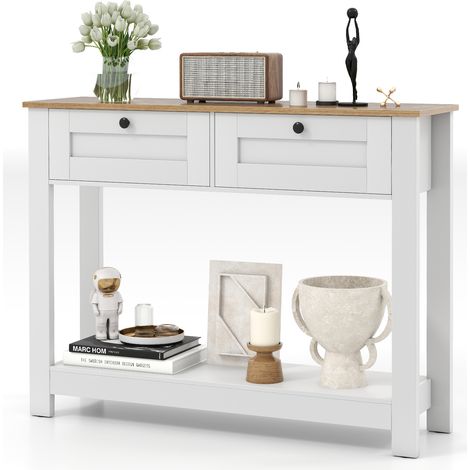 Costway – Table console étroite 106 cm avec 2 tiroirs – Étagère ouverte – Kits anti-basculement – Meuble blanc pour entrée ou salon (1/5)