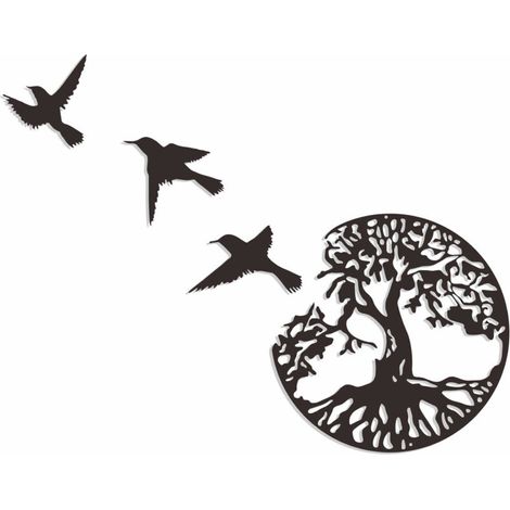 SABIR Décoration murale en métal arbre de vie avec oiseaux, noir - 28 cm/11,02 pouces, décoration murale moderne arbre de vie (1/5)