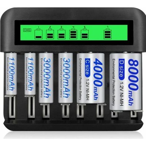 Lntyq 8 Emplacements Rapide LED Chargeur de Piles Universel,Chargeur Piles pour AA/AAA/C/D NI-MH NI-CD Piles Rechargeables avec Port USB (1/5)
