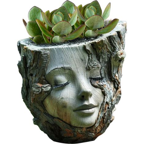 Pot de fleurs visage de femme, 13 cm de profondeur, joli vase en résine, statue de souche d'arbre pour décoration d'intérieur, jardin, cour, balcon, terrasse, beige (1/5)