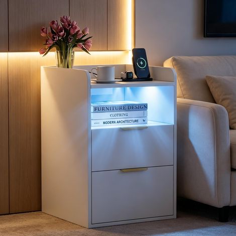 Table de chevet – LED RGB – charge USB/Type‑C – 2 tiroirs – combinaison chambre et salon - Blanc - 60×40×40 cm (1/5)