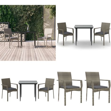 3-tlg. Garten-Essgruppe mit Kissen Schwarz und Grau Poly Rattan - Gartenessgruppe - Rattan (1/5)