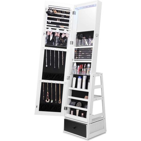 Armoire à Bijoux avec Miroir, Organisateur de Bijoux sur Pied avec Rangement, Meuble de Rangement pour Bijoux Verrouillable, Pivotant à 360°, Doublure en Velours, Lumière LED, Maison, Blanc (1/5)