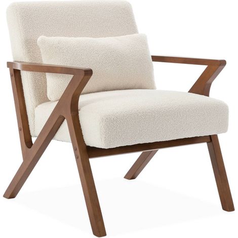Fauteuil scandinave bois d'hévéa finition teinté noyer clair et bouclette blanche ANTOINE