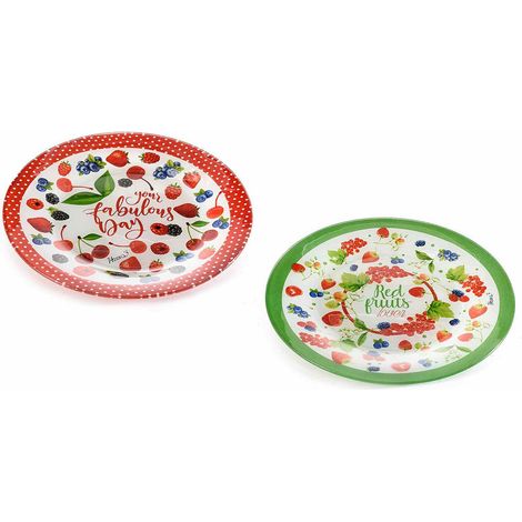 Assiettes rondes en verre imprimé fruits rouges, lot de 4, diam. 25 cm