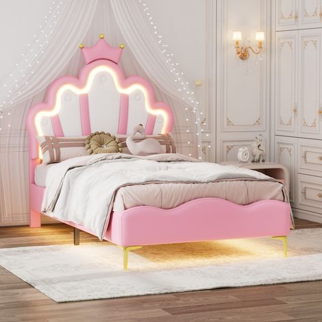 Lit princesse couronne 90x200cm, rembourré moelleux en similicuir rose, avec bande lumineuse LED réglable, lit double élégant à couronne