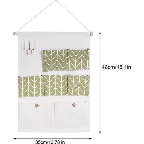 Porte-bagages mural à 7 poches - Textile coton-lin - Bâton bois - Imperméable - Dimensions 35x46 cm - Vert - ManoMano (1/5)