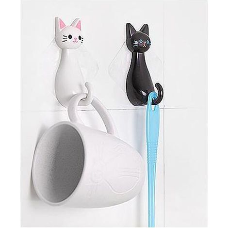 White and Black Cat Suction Cup Hook - Wall Hook, Clothes Rack, Plastic (ABS),