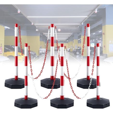 Lot de 6 poteaux de barrière avec socle, y compris 5 chaînes de 2,5 m et 20 boucles en S, poteaux de barrière amovibles pour parking, garage, allée (1/5)