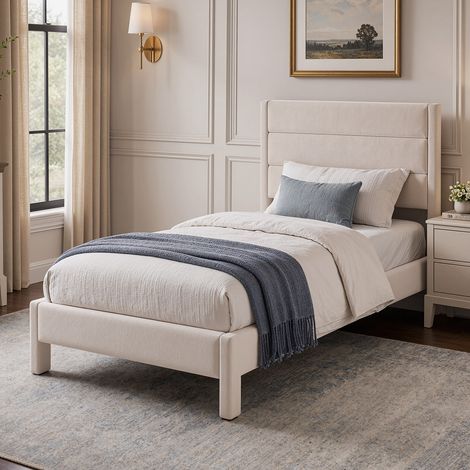 Cama Tapizada Individual 90x200 cm, Somier de Láminas, Carga Máxima 300 kg, Montaje Fácil, Terciopelo Beige (1/5)