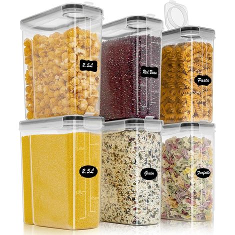 2.5L Récipients Hermétiques Set de 6, Boîte de Rangement pour Cuisine avec Couvercle en Plastique, Organisateur de Garde-Manger Boîte à Muesli pour Céréales, Farine, Cornflakes (1/5)