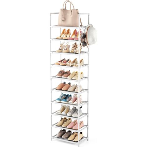 Étagère à Chaussures à 10 Niveaux, Meuble Chaussure Entree pour 20 à 25 Paires de Chaussures, Haute et Ouverte, Range-Chaussure Étroit, pour Couloir, Salon, Chambre à Coucher, Blanc (1/5)