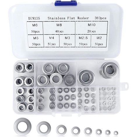 WOVTE 360 PCS Rondelles Plates en Acier Inoxydable avec Compartiment en Plastique Conteneur - M2 M2.5 M3 M4 M5 M6 M8 M10 (1/4)