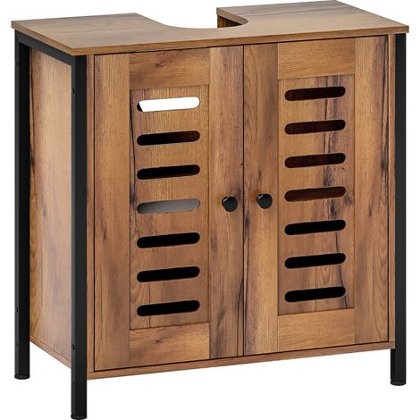 Mueble Bajo Lavabo Industrial 2 Puertas de Lamas con Cierre Magnético Estante Ajustable 60x30x60 cm Marrón Rústico