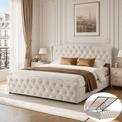 Lit coffre 140x200 cm avec rangement hydraulique, Cadre de lit 140x200 avec sommier et tête de lit design rivet, Style Chic Contemporain, Velours, Beige (1/5)