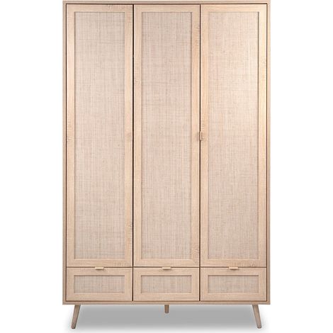 Calicosy – Armoire 3 portes 3 tiroirs 2 penderies L120 cm – Impression rotin décor cannage – Pieds en bois massif – Fabrication européenne (1/4)