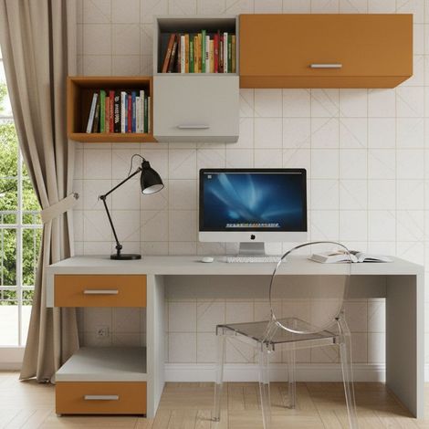 Angolo studio moderno con cassettiera sfalsata per cameretta - Ecru e Zolfo