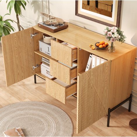 REDOM - Buffet 115.5x40x76 cm, portes doubles, tiroir central, rangement compartimenté, pieds en fer, MDF naturel (1/5)