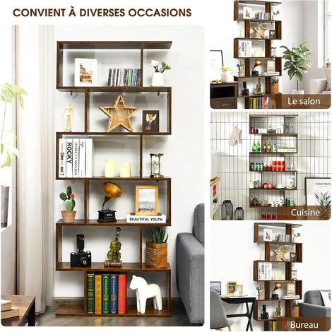 Costway – Bibliothèque à 6 niveaux 80x23x191 cm – Design en forme de S – Structure en bois composite – Dispositif anti-basculement