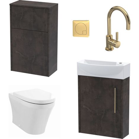 Winshill Cloakroom Bundle - Left Wall Hung Vanity Unit, Concealed Cistern WC Unit, Toilet & Tap, 440mm - Slate/Brass - Balterley (1/5)