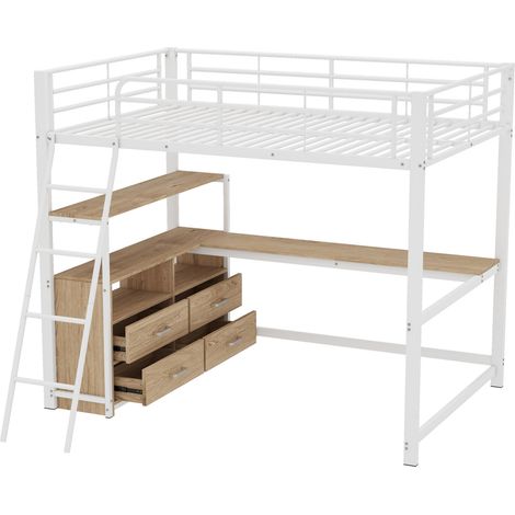 Letto a soppalco 140 x 200 cm in metallo e MDF bianco con scrivania ad L e cassetti (1/5)