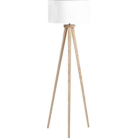 Lámpara de pie poli algodón blanco 142 cm paras de madera clara de roble trípode pantalla en forma de tambor estilo moderno Nitra