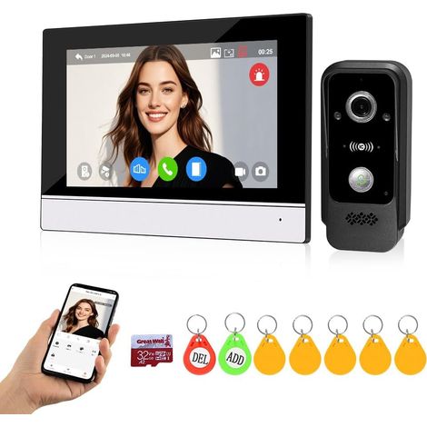 Système d'interphone Vidéo WiFi 1080P HD Caméra de Sonnette Vidéo avec écran Couleur Câblé de 7 Pouces, Prise en Charge de la Vision Nocturne IR, Carte RFID/ Unlock (1/5)