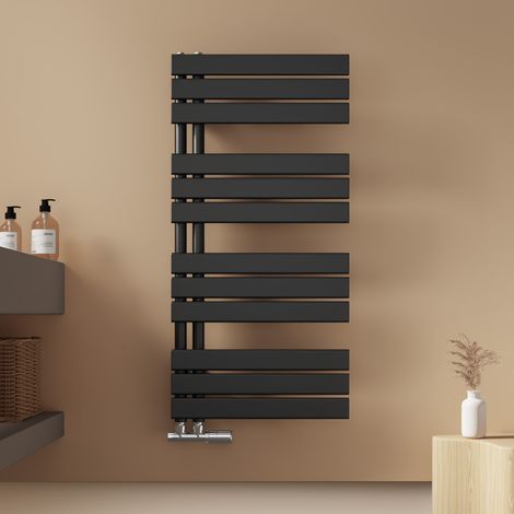 EMKE Badheizkörper Flach 1041x500 mm Schwarz Handtuchwärmer Handtuchtrockner, Panel Handtuchhalter Seitenanschluss für Bad Warmwasser 529W