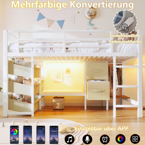 Lit mi-hauteur 90 x 200 cm, avec coussin d'assise, tiroir de rangement en tissu, poche de rangement en tissu, éclairage LED multicolore, espace pour penderie, structure en métal, matelas non inclus, b (1/4)