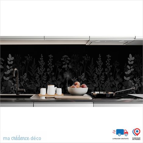 Crédence : Dessin et fleurs sauvages noires 2 - Couleur Gris anthracite - Alu composite - 60 - 120 (1/3)