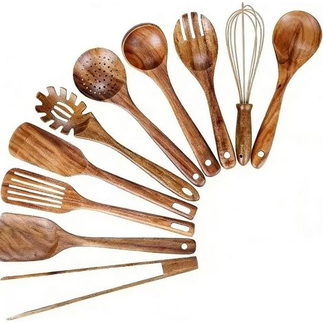Ustensiles De Cuisine En Bois - Lot De 10 Pièces En Teck Naturel - Pour Cuisinière Antiadhésive - Spatule Cuillère Louche Fouet Et Plus - 10 Pièces (1/5)