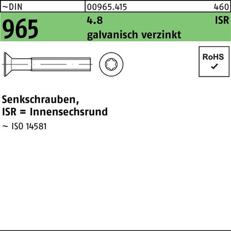 Vis à tête fraisée DIN 965 ISR M6x20-T30 4.8 galv. 1000p.