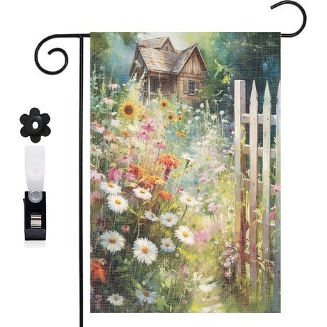 Drapeau de jardin chemin de fleurs et maison de campagne 30 x 45 cm décoration extérieure jardin (1/5)