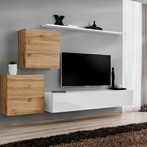 Meuble TV Mural Design "Switch V" 250cm Naturel & Blanc (1/4)