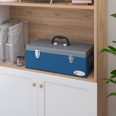 Caisse boite à outils en métal transportable avec 3 poignées, 2 loquets, dim. 50L x 26l x 18,5H cm, bleu (1/5)