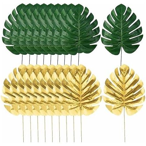 QAZQA Lot de 20 feuilles de palmier artificielles avec tiges - Feuilles tropicales dorées de la jungle avec tiges pour fête hawaïenne, plage, fête prénatale, anniversaire, mariage, décoration de fête (1/5)